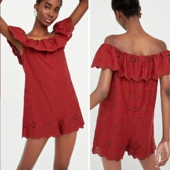 ZARA || Women's Burnt Clay Eyelet Romper Off Shoulder Medium Vacation Resortwear - Picture 1 of 8